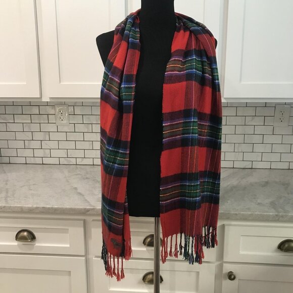 Abercrombie & Fitch Scarf One Size Red Tartan Plaid Fringe Moose Logo - Picture 4 of 7